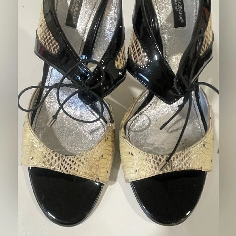 Dolce & Gabbana Snakeskin and Patent Leather Open Toe Heels